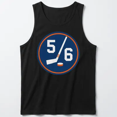 Hockey-themed shirt with a 5/6 emblem featuring a stick and puck in navy, white, and orange — printed on a tank top