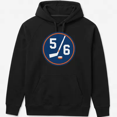 Hockey-themed shirt with a 5/6 emblem featuring a stick and puck in navy, white, and orange — printed on a unisex hoodie