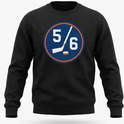Hockey-themed shirt with a 5/6 emblem featuring a stick and puck in navy, white, and orange — printed on a unisex sweatshirt