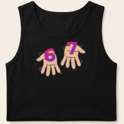 Cartoon hand sign with '67' in pink, purple, and beige tones. — printed on a tank top