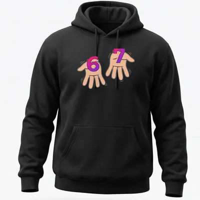 Cartoon hand sign with '67' in pink, purple, and beige tones. — printed on a unisex hoodie
