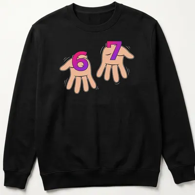 Cartoon hand sign with '67' in pink, purple, and beige tones. — printed on a unisex sweatshirt