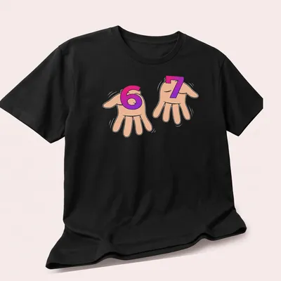 Cartoon hand sign with '67' in pink, purple, and beige tones. — printed on a unisex t-shirt (angled view)