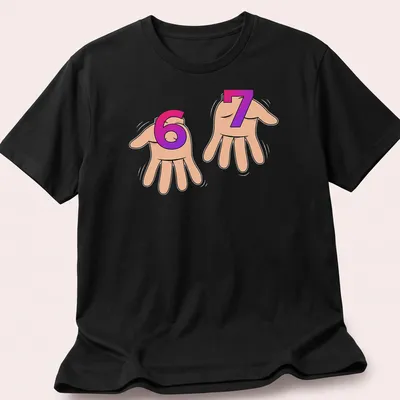 Cartoon hand sign with '67' in pink, purple, and beige tones. — printed on a unisex t-shirt