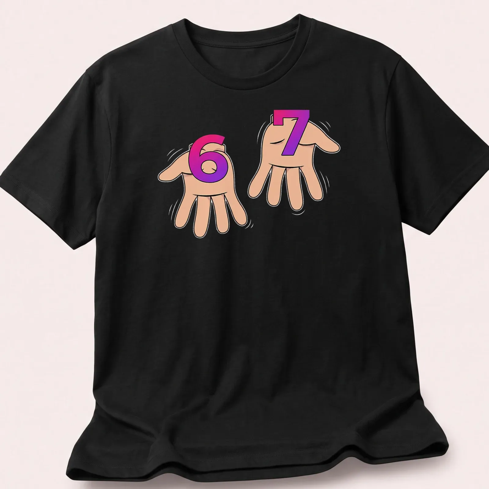 Cartoon hand sign with '67' in pink, purple, and beige tones. — printed on a unisex t-shirt