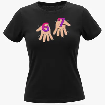 Cartoon hand sign with '67' in pink, purple, and beige tones. — printed on a women's shirt