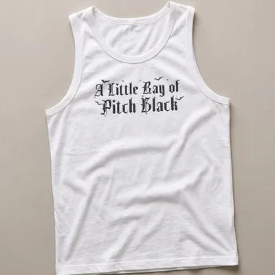 Gothic design with bats and text 'A Little Ray of Pitch Black' in black, white, and gray hues. — printed on a tank top