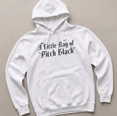 Gothic design with bats and text 'A Little Ray of Pitch Black' in black, white, and gray hues. — printed on a unisex hoodie