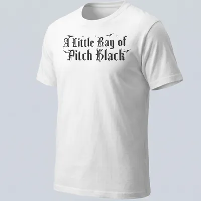 Gothic design with bats and text 'A Little Ray of Pitch Black' in black, white, and gray hues. — printed on a unisex t-shirt