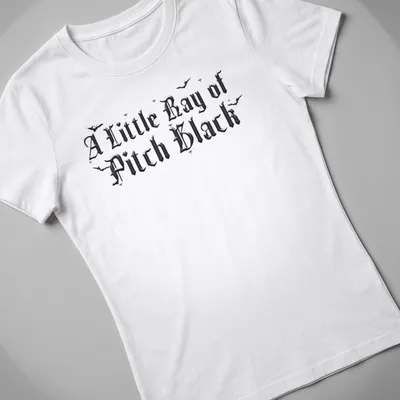 Gothic design with bats and text 'A Little Ray of Pitch Black' in black, white, and gray hues. — printed on a women's shirt
