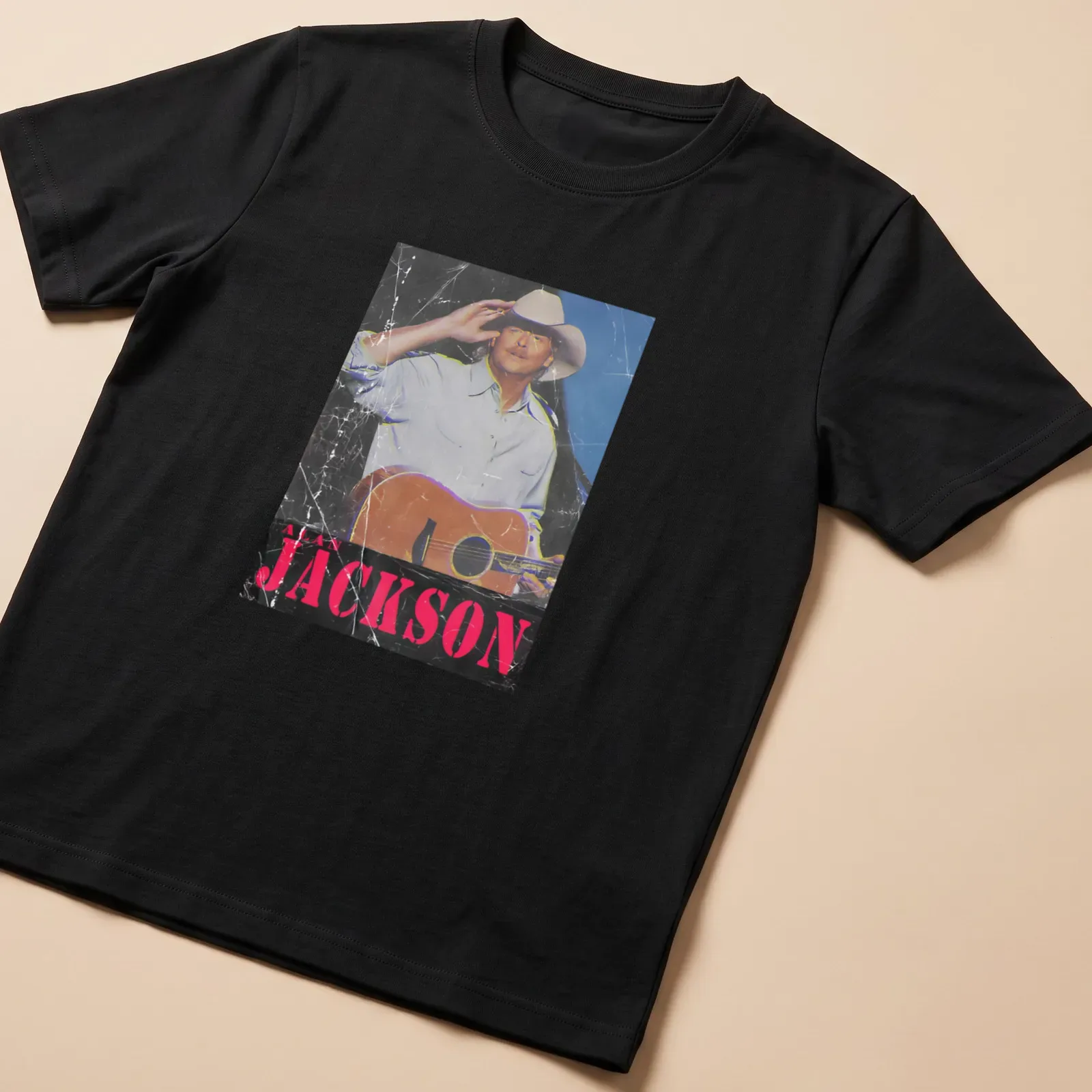 Vintage distressed t-shirt featuring Alan Jackson with guitar graphic — printed on a unisex t-shirt