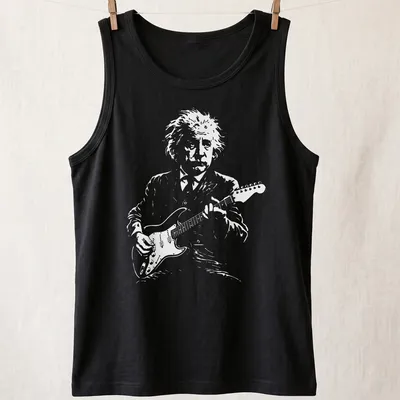 Illustrated scientist playing guitar on a white — printed on a tank top