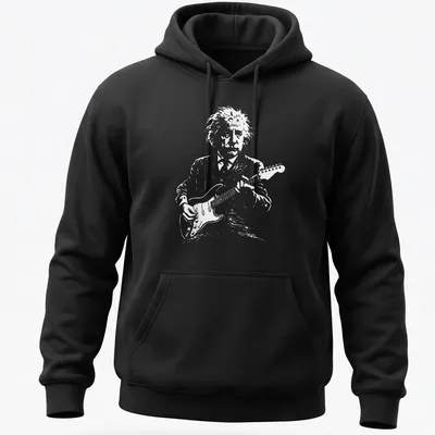 Illustrated scientist playing guitar on a white — printed on a unisex hoodie