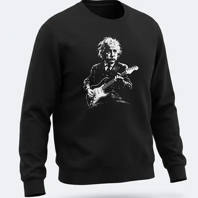 Illustrated scientist playing guitar on a white — printed on a unisex sweatshirt