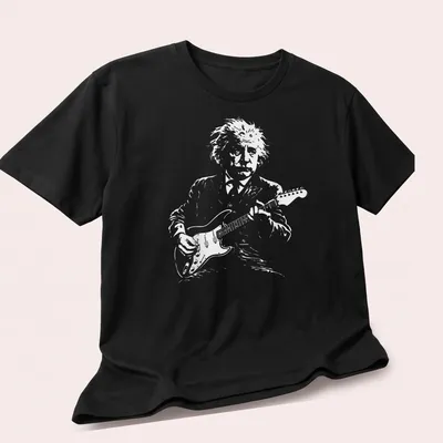 Illustrated scientist playing guitar on a white — printed on a unisex t-shirt (angled view)