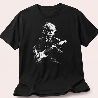 Illustrated scientist playing guitar on a white — printed on a unisex t-shirt
