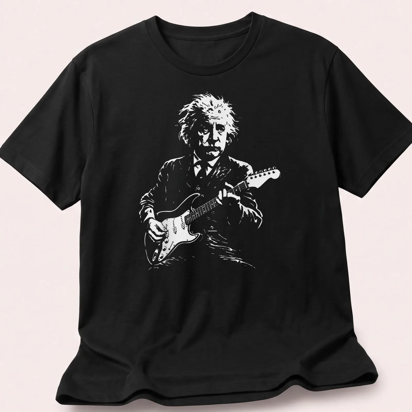 Illustrated scientist playing guitar on a white — printed on a unisex t-shirt