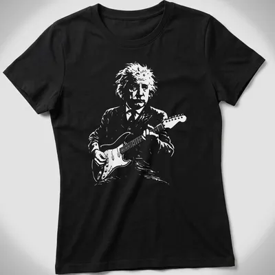 Illustrated scientist playing guitar on a white — printed on a women's shirt
