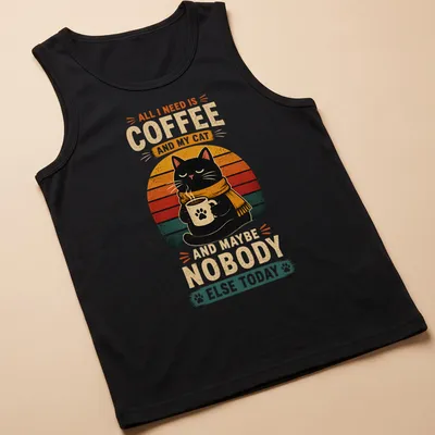 Retro vintage t-shirt featuring a black cat with a coffee mug and text about coffee and cats — printed on a tank top