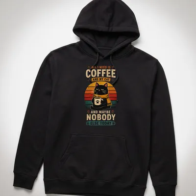 Retro vintage t-shirt featuring a black cat with a coffee mug and text about coffee and cats — printed on a unisex hoodie