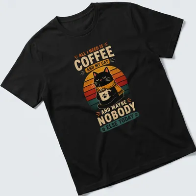 Retro vintage t-shirt featuring a black cat with a coffee mug and text about coffee and cats
