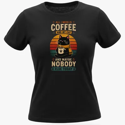 Retro vintage t-shirt featuring a black cat with a coffee mug and text about coffee and cats — printed on a women's shirt