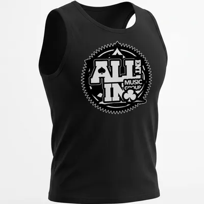 Bold poker theme tee featuring 'ALL IN Music Group' text in black and white — printed on a tank top