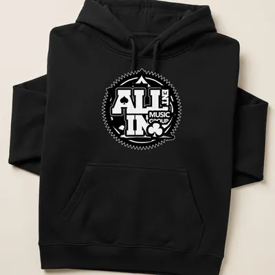 Bold poker theme tee featuring 'ALL IN Music Group' text in black and white — printed on a unisex hoodie