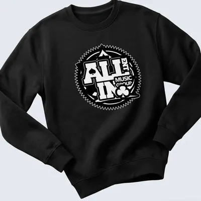 Bold poker theme tee featuring 'ALL IN Music Group' text in black and white — printed on a unisex sweatshirt