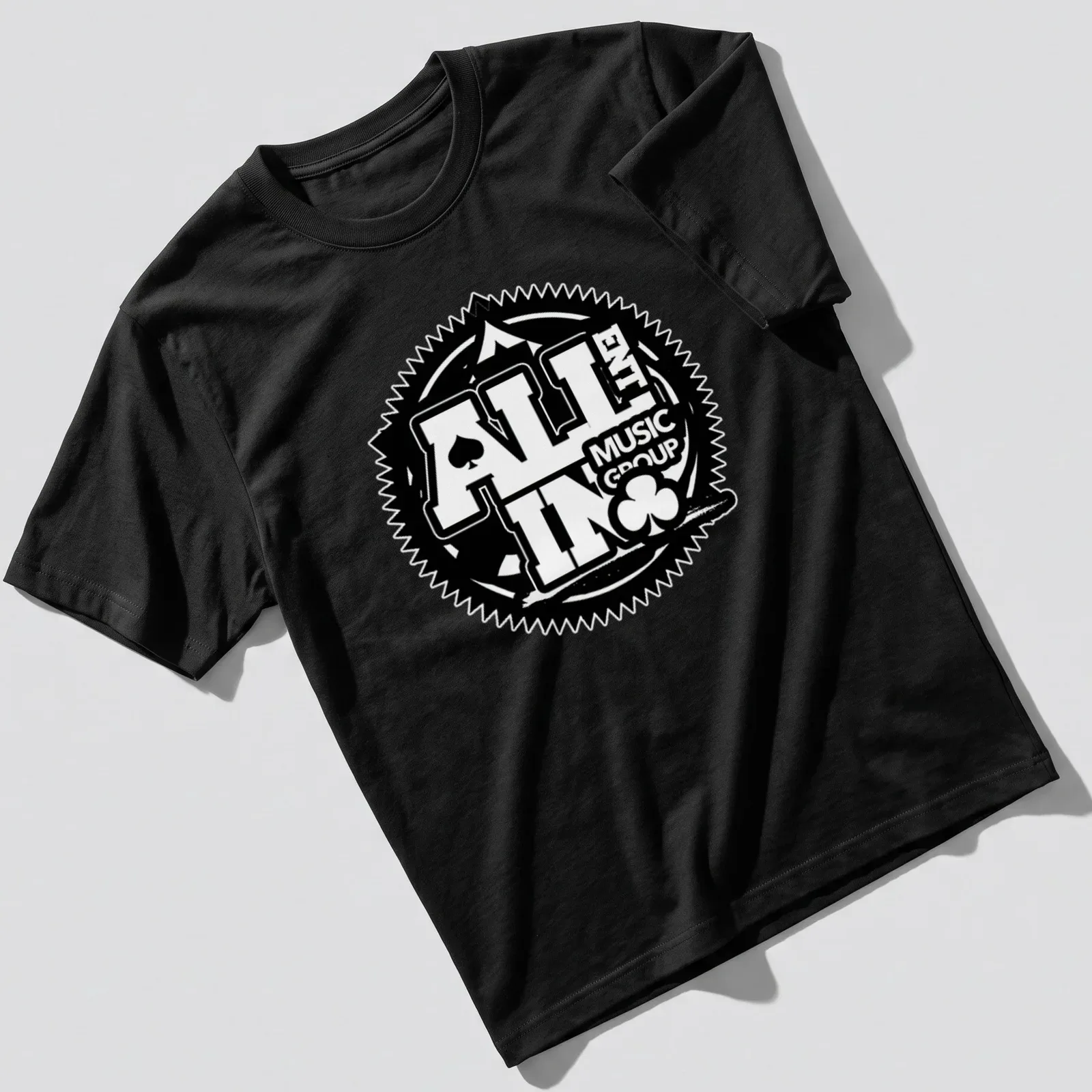 Bold poker theme tee featuring 'ALL IN Music Group' text in black and white — printed on a unisex t-shirt
