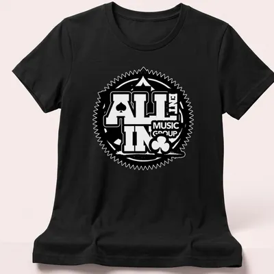 Bold poker theme tee featuring 'ALL IN Music Group' text in black and white — printed on a women's shirt