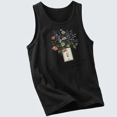 Floral light switch illustration with colorful flowers and printed text. — printed on a tank top