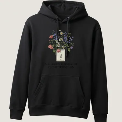 Floral light switch illustration with colorful flowers and printed text. — printed on a unisex hoodie