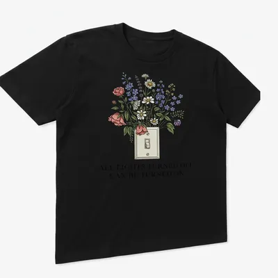 Floral light switch illustration with colorful flowers and printed text. — printed on a unisex t-shirt (angled view)