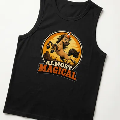 Cartoonish print of a galloping horse with the text Almost Magical in earthy tones — printed on a tank top