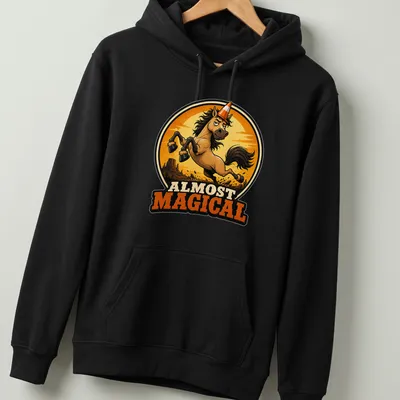 Cartoonish print of a galloping horse with the text Almost Magical in earthy tones — printed on a unisex hoodie