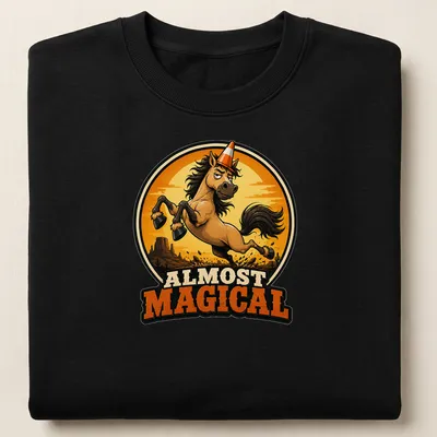 Cartoonish print of a galloping horse with the text Almost Magical in earthy tones — printed on a unisex sweatshirt