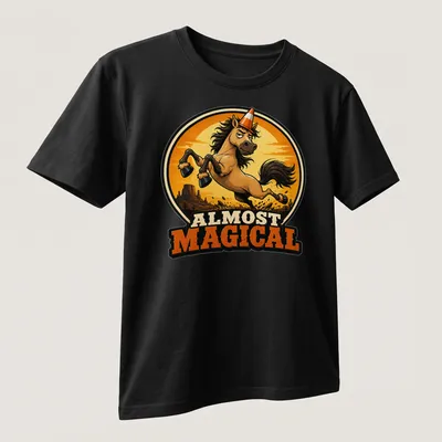 Cartoonish print of a galloping horse with the text Almost Magical in earthy tones — printed on a unisex t-shirt (angled view)
