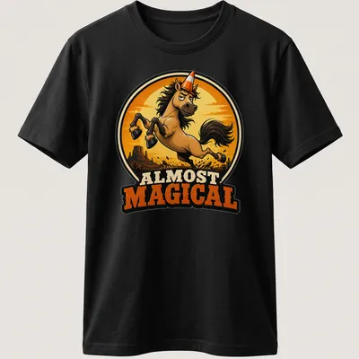 Cartoonish print of a galloping horse with the text Almost Magical in earthy tones — printed on a unisex t-shirt