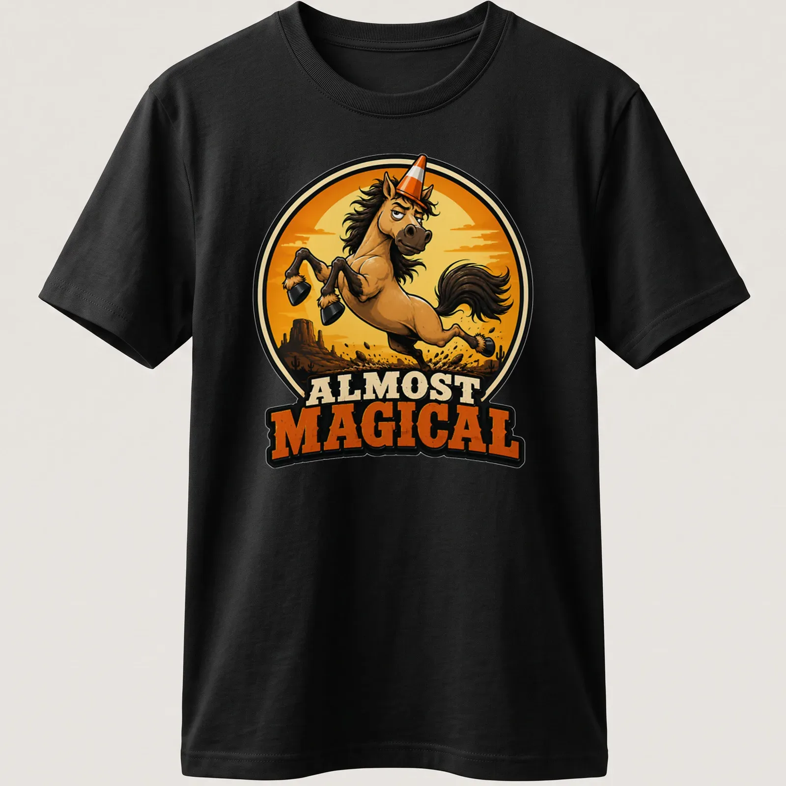 Cartoonish print of a galloping horse with the text Almost Magical in earthy tones — printed on a unisex t-shirt