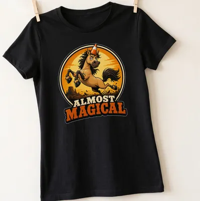 Cartoonish print of a galloping horse with the text Almost Magical in earthy tones — printed on a women's shirt