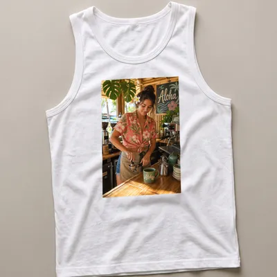 Photographic Aloha Barista t-shirt with a cheerful coffee maker in aloha — printed on a tank top