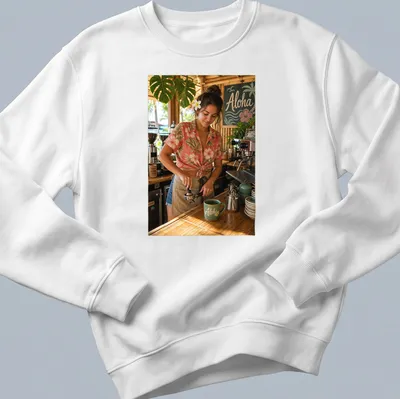 Photographic Aloha Barista t-shirt with a cheerful coffee maker in aloha — printed on a unisex sweatshirt