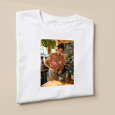 Photographic Aloha Barista t-shirt with a cheerful coffee maker in aloha — printed on a unisex t-shirt (angled view)