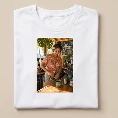 Photographic Aloha Barista t-shirt with a cheerful coffee maker in aloha shirt