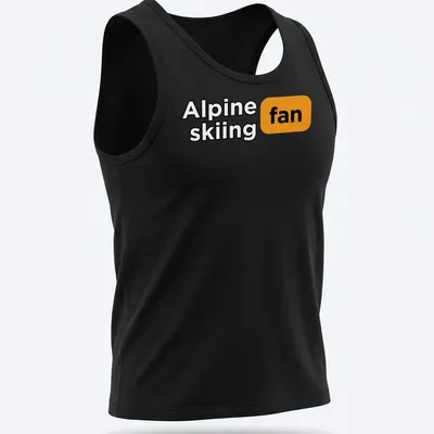 Bold graphic Alpine skiing fan t-shirt with dynamic skiing illustration in black, orange, and white — printed on a tank top