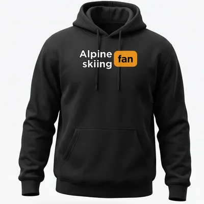 Bold graphic Alpine skiing fan t-shirt with dynamic skiing illustration in black, orange, and white — printed on a unisex hoodie