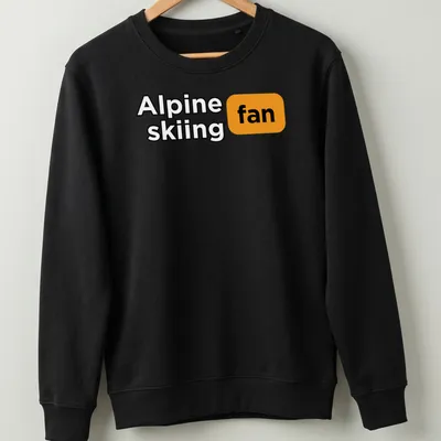 Bold graphic Alpine skiing fan t-shirt with dynamic skiing illustration in black, orange, and white — printed on a unisex sweatshirt