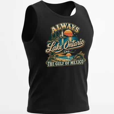 Vintage-style t-shirt featuring a lighthouse and coastal view with colorful retro design. — printed on a tank top
