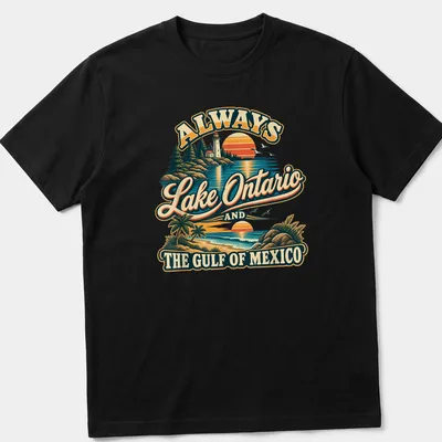 Vintage-style t-shirt featuring a lighthouse and coastal view with colorful retro design.